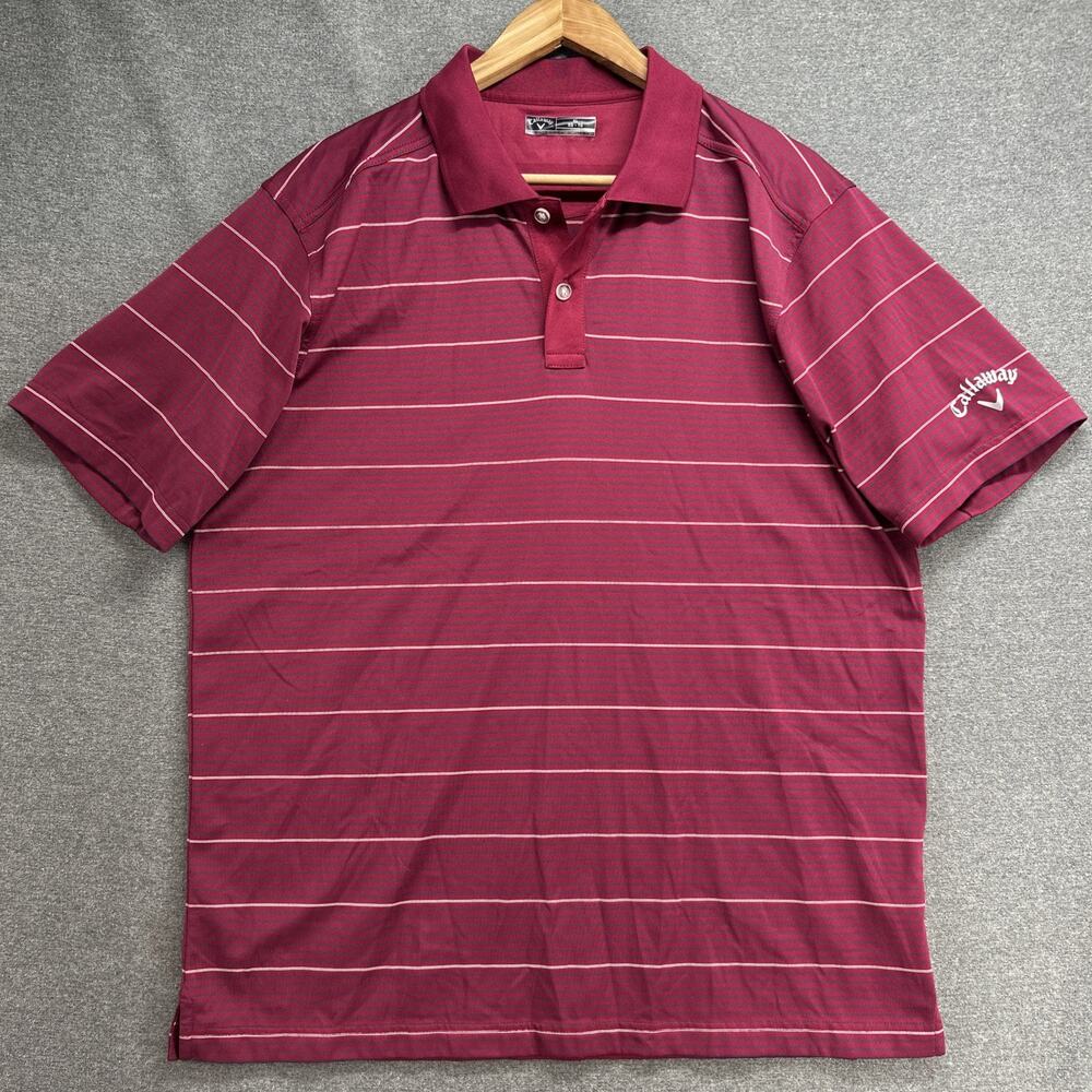 Callaway Golf Polo Shirt Mens XL Burgundy Striped Performance Short Sleeve